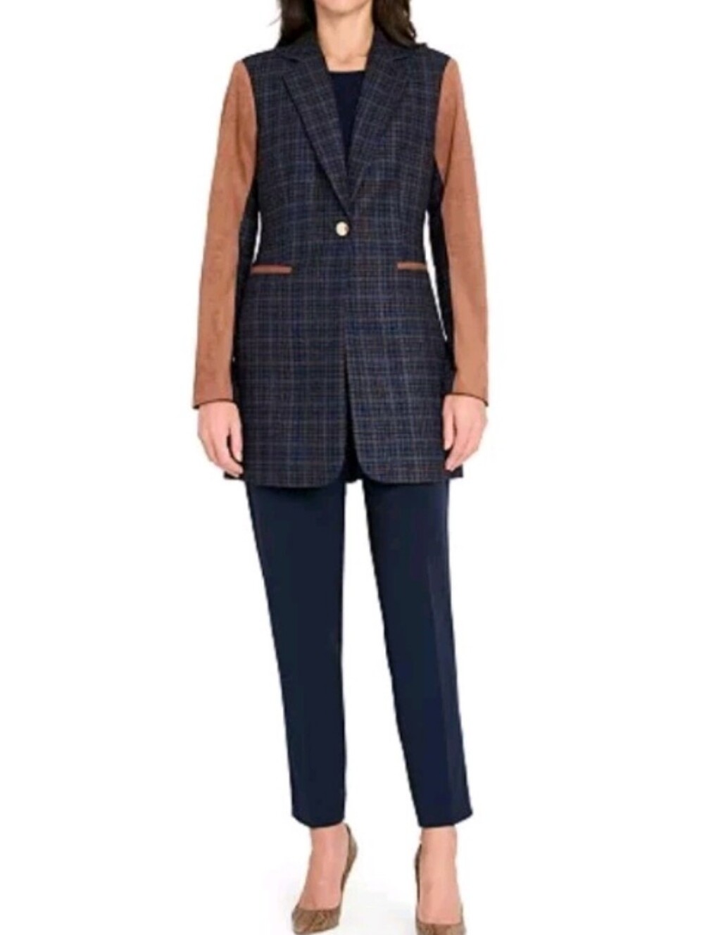 Tahari Women's Size 2 Brown & Blue Plaid Suede Sleeve Blazer Jacket Msrp $179